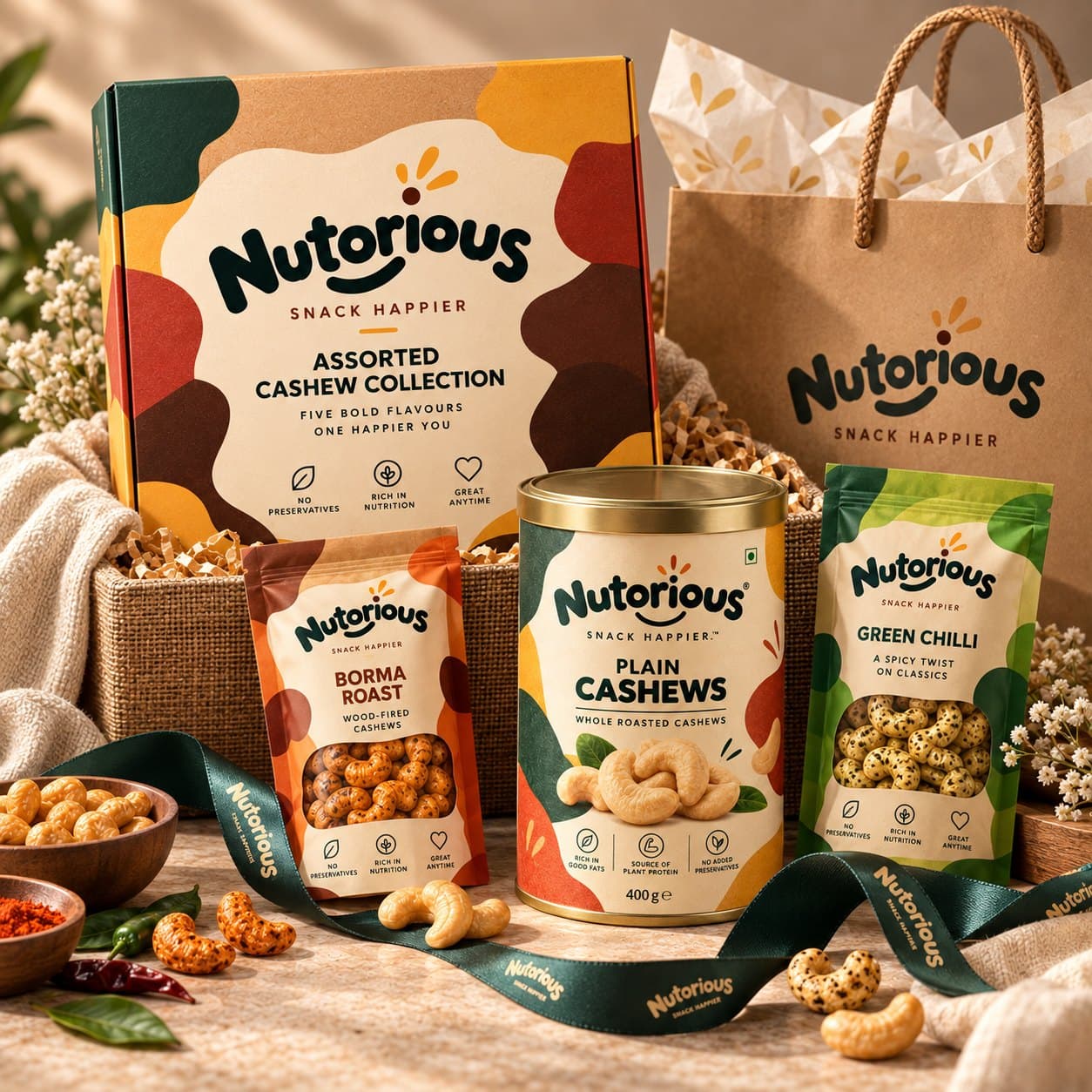 Nutorious gift hamper: assorted cashew collection box, a tin, pouches and a kraft gift bag