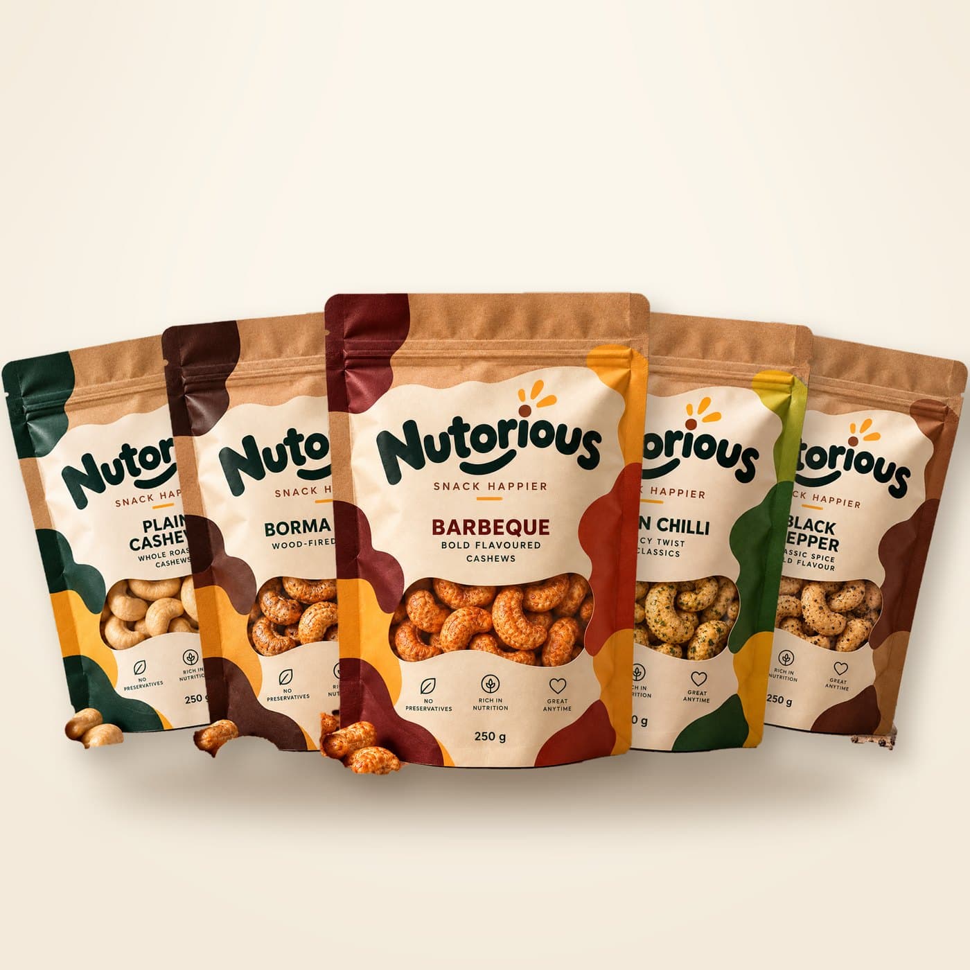 The five Nutorious flavours in their kraft pouches
