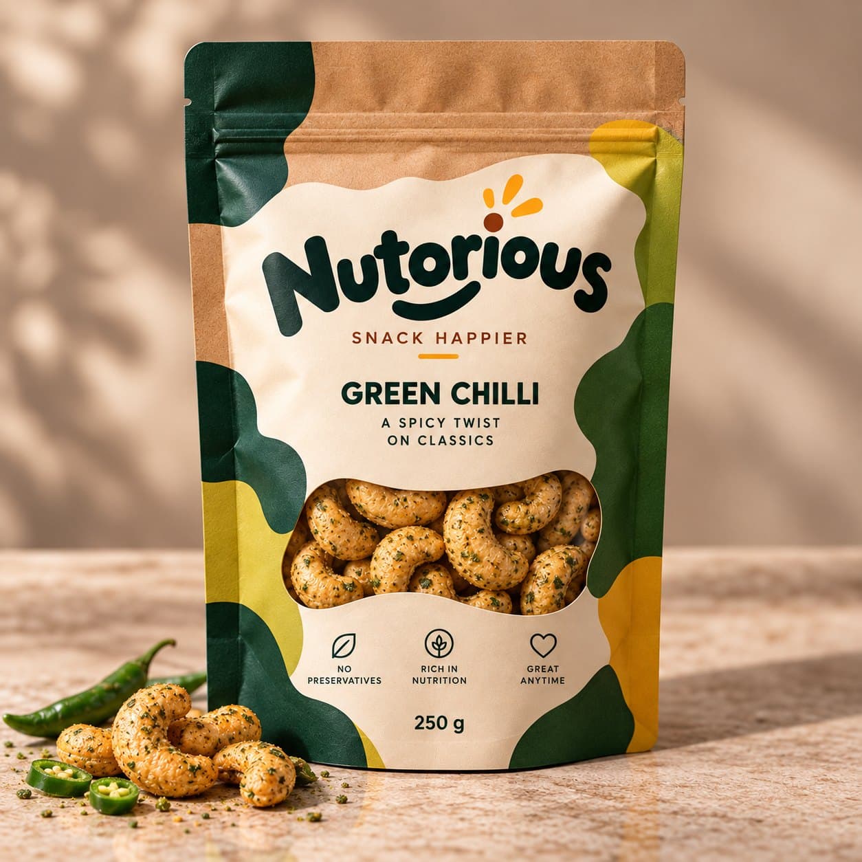 Nutorious Green Chilli cashews 250 g pouch with fresh green chillies