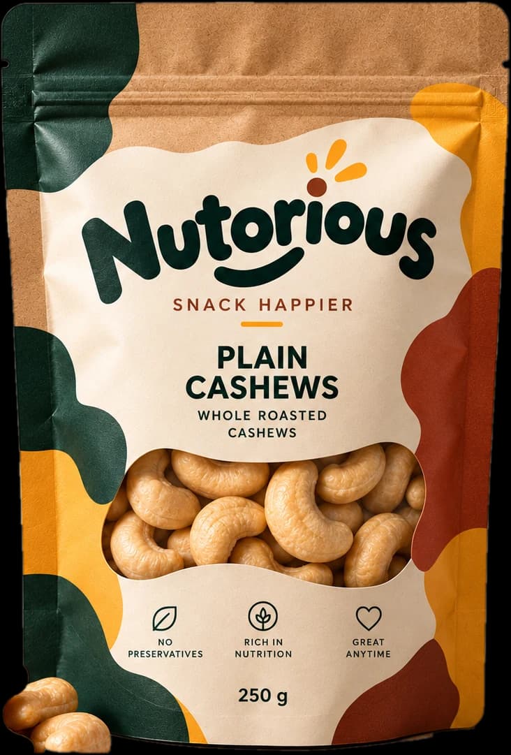 Nutorious Plain Cashews 250 g kraft pouch with whole roasted cashews