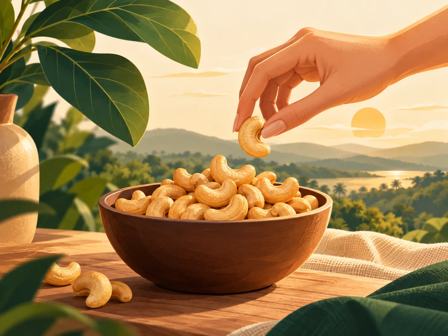 A hand picking a roasted cashew from a wooden bowl