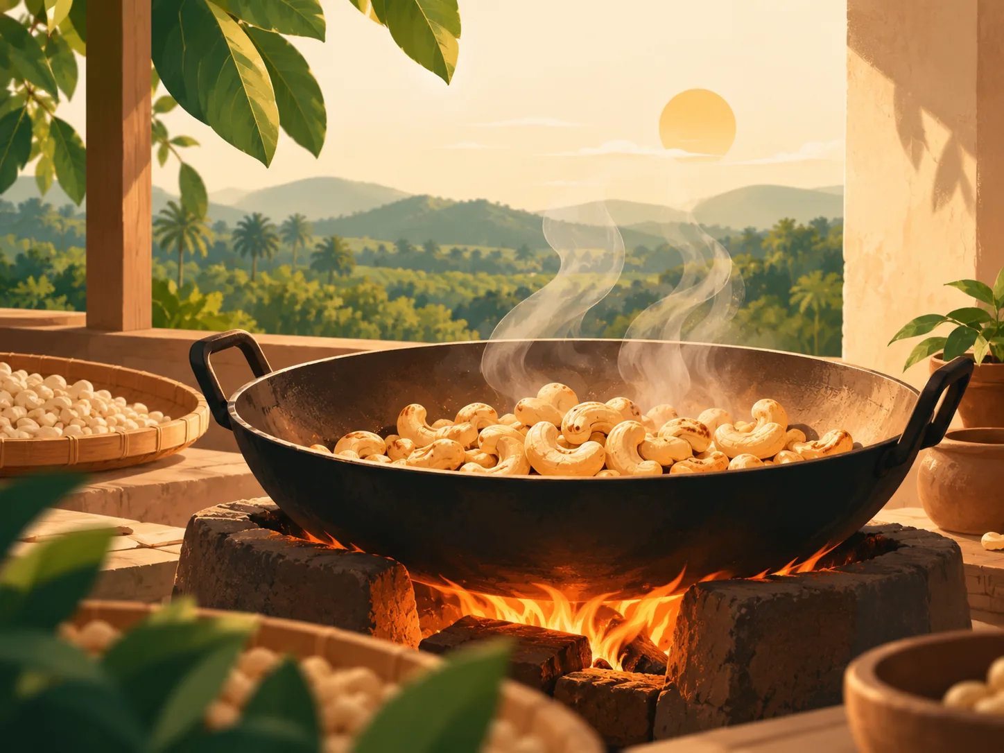 Cashews roasting in an iron kadai over a wood fire